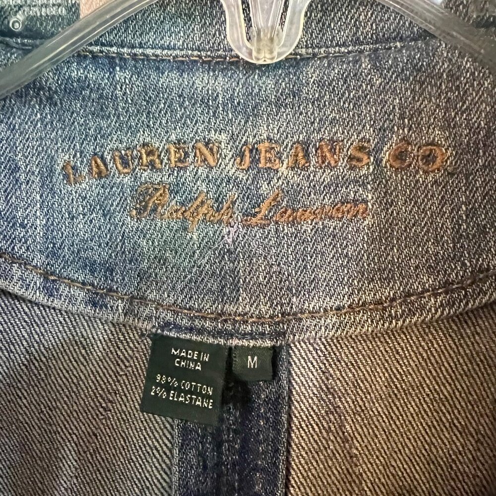 Stretch Denim Distressed Jacket "Embellished" w/Lace, Dollies & Antique Trim. - Picture 7 of 12